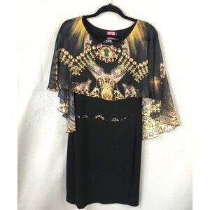 Simon Chang Dress Womens 6 Black Jewel Leopard Cape Glam Art Deco Event NEW